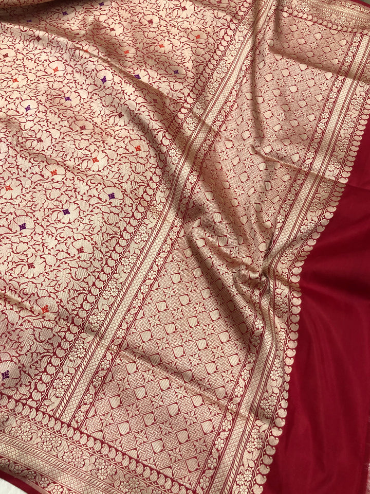Red Jamawar Banarasi Handloom Katan Silk Saree - Aura Benaras