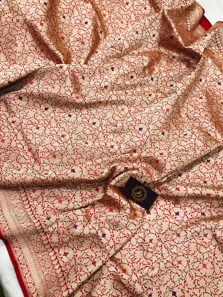 Red Jamawar Banarasi Handloom Katan Silk Saree - Aura Benaras