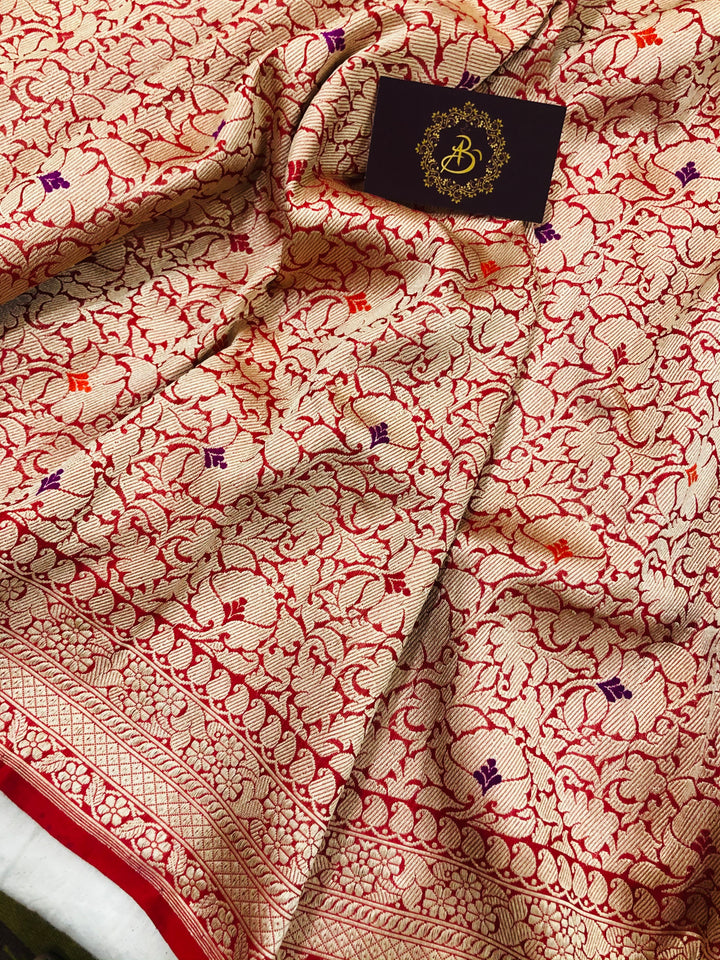 Red Jamawar Banarasi Handloom Katan Silk Saree - Aura Benaras