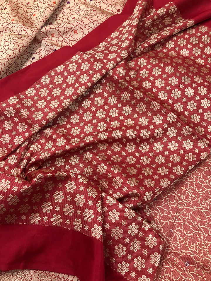 Red Jamawar Banarasi Handloom Katan Silk Saree - Aura Benaras