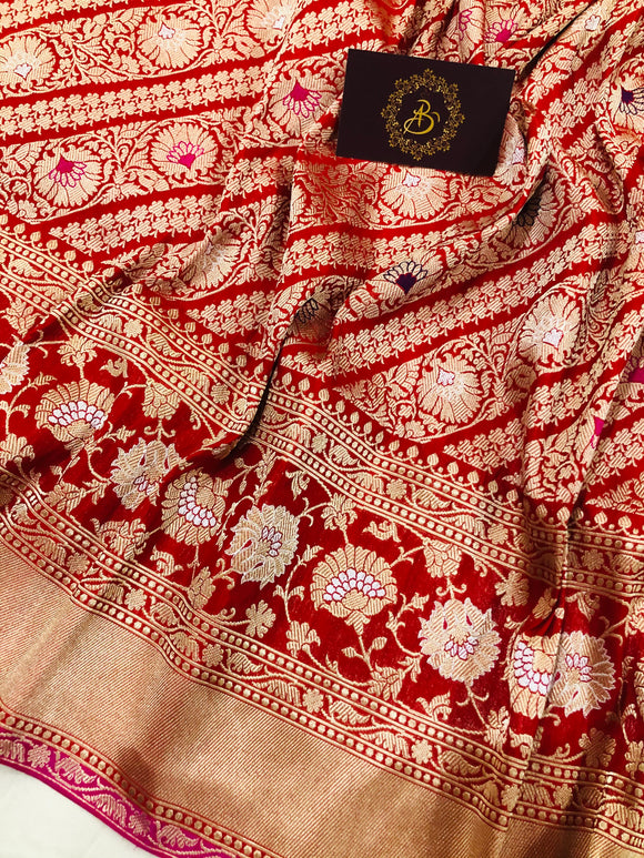 Red Jamawar Banarasi Handloom Katan Silk Saree - Aura Benaras