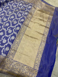 Bluish Grey Jaal Pure Banarasi Handlloom Katan Silk Saree - Aura Benaras