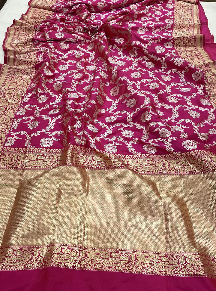 Hot Pink Jaal Pure Banarasi Handlloom Katan Silk Saree - Aura Benaras