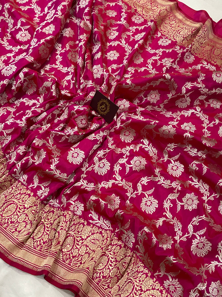 Hot Pink Jaal Pure Banarasi Handlloom Katan Silk Saree - Aura Benaras
