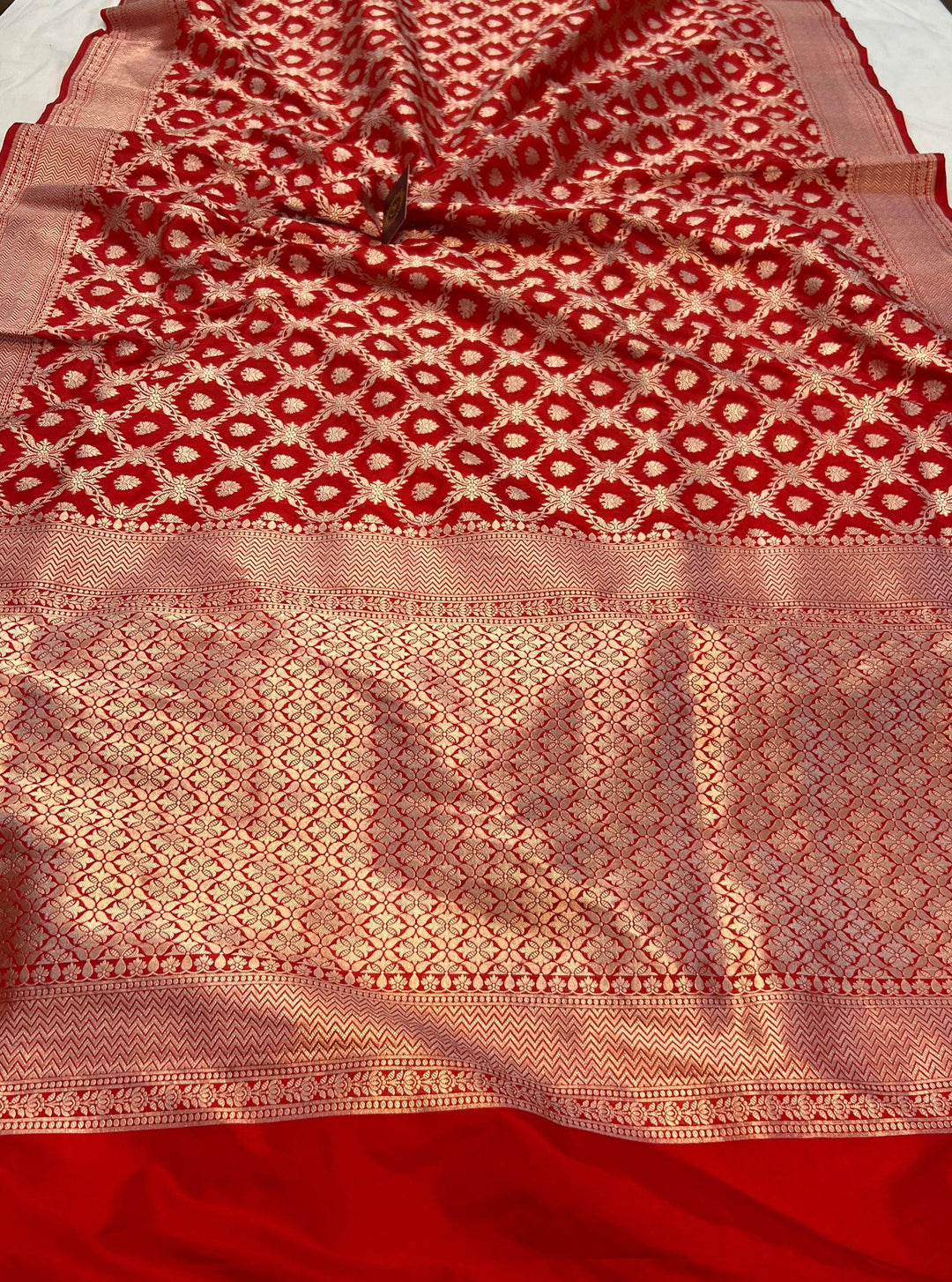 Red Pure Banarasi Handloom Katan Silk Saree - Aura Benaras