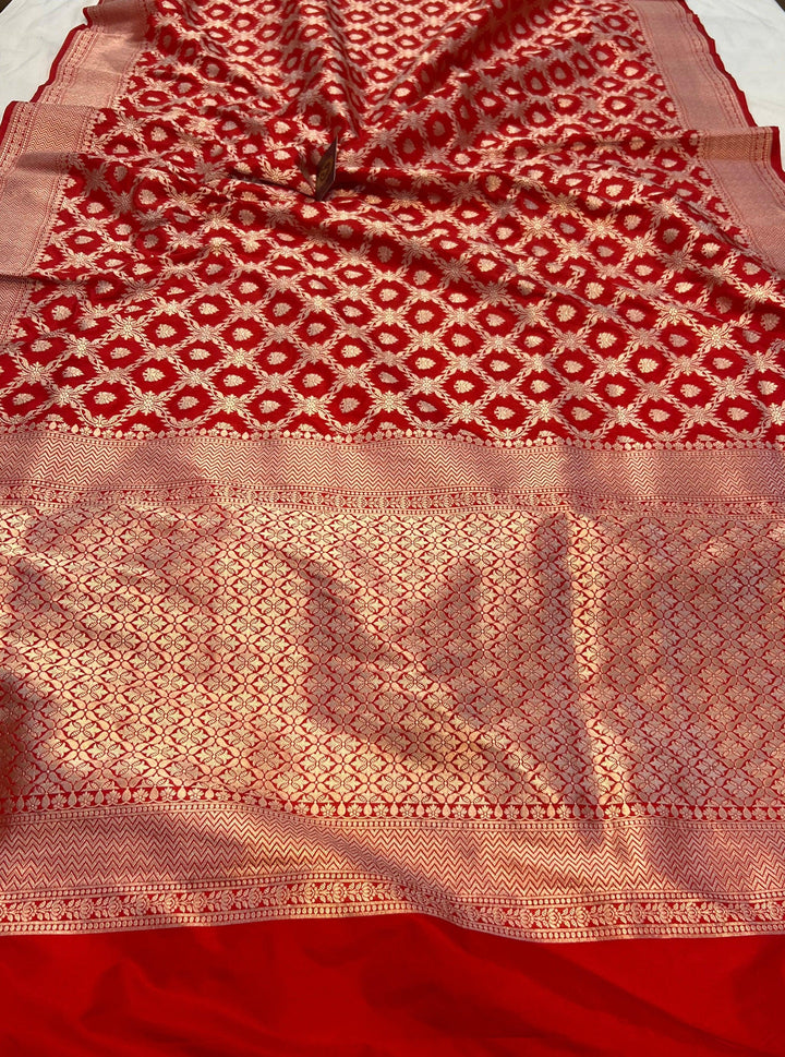 Red Pure Banarasi Handloom Katan Silk Saree - Aura Benaras