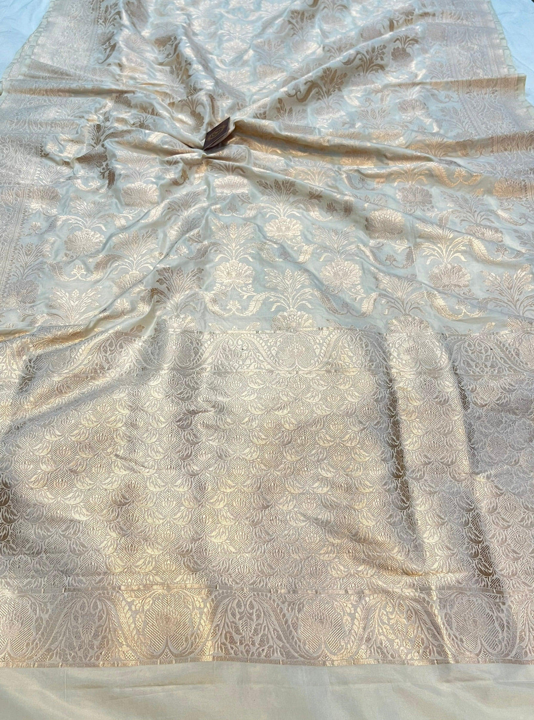 Cream Pure Banarasi Handloom Katan Silk Saree - Aura Benaras