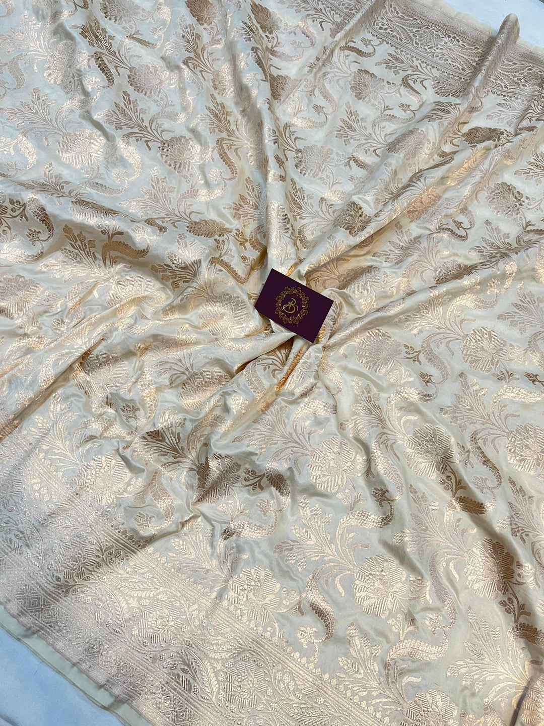 Cream Pure Banarasi Handloom Katan Silk Saree - Aura Benaras