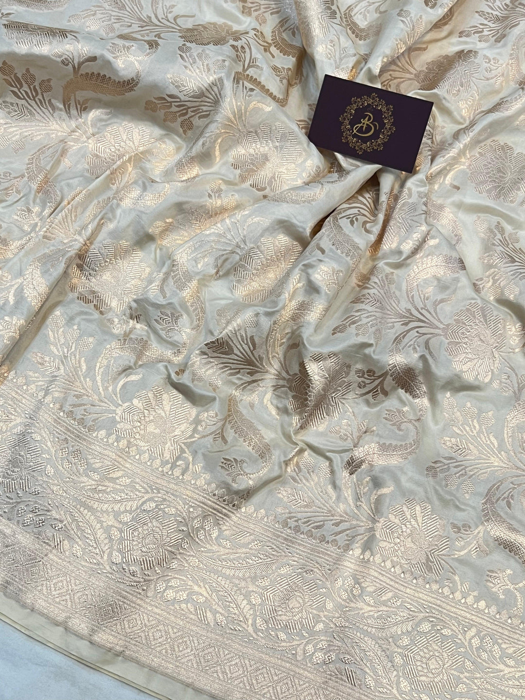 Cream Pure Banarasi Handloom Katan Silk Saree - Aura Benaras