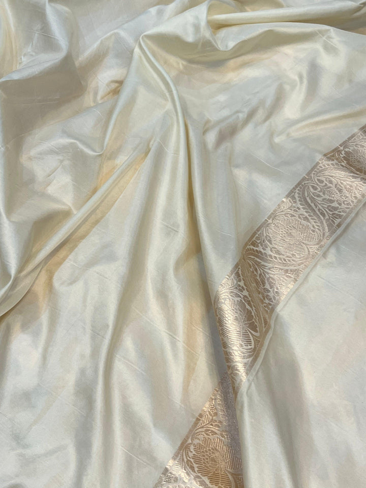 Cream Pure Banarasi Handloom Katan Silk Saree - Aura Benaras