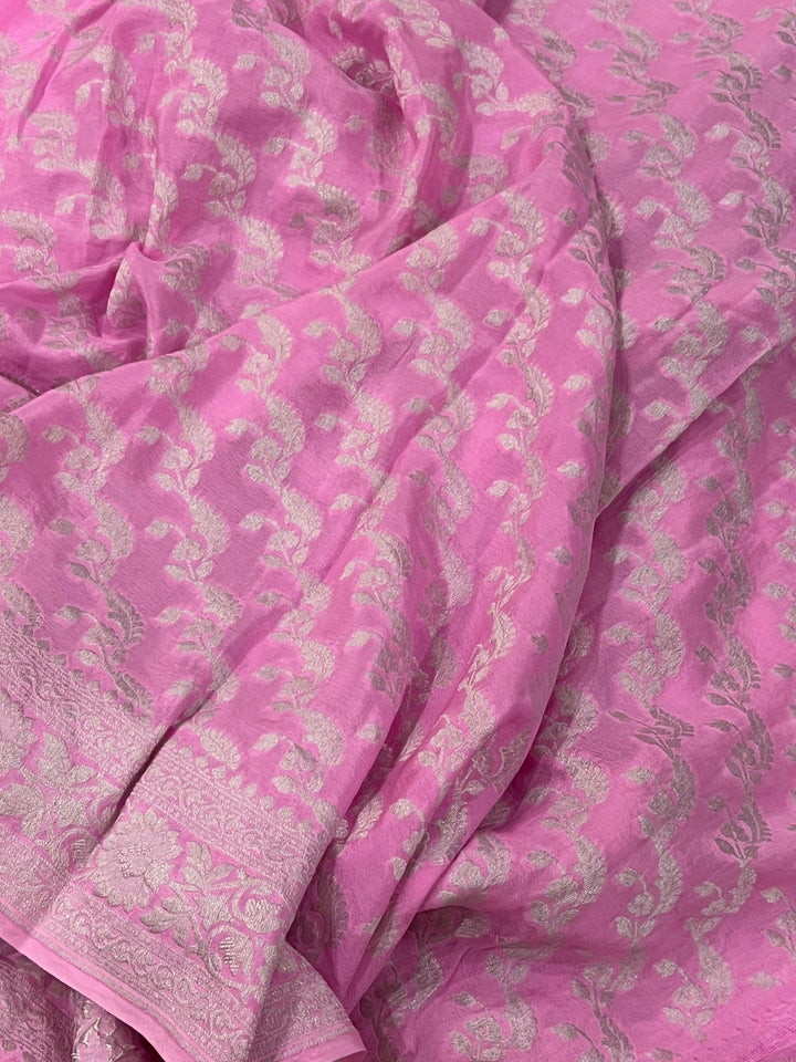 Baby Pink Pure Banarasi Khaddi Crepe Silk Saree - Aura Benaras