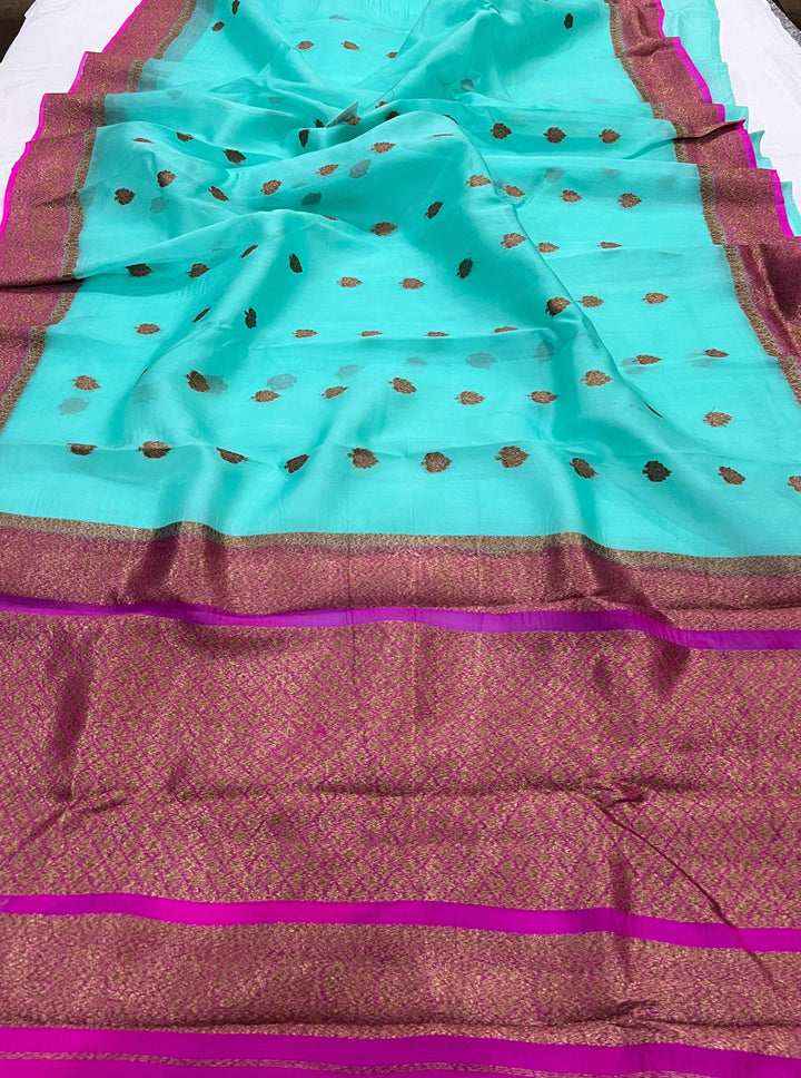 Sea Green Banarasi Handloom Kora Silk Saree - Aura Benaras