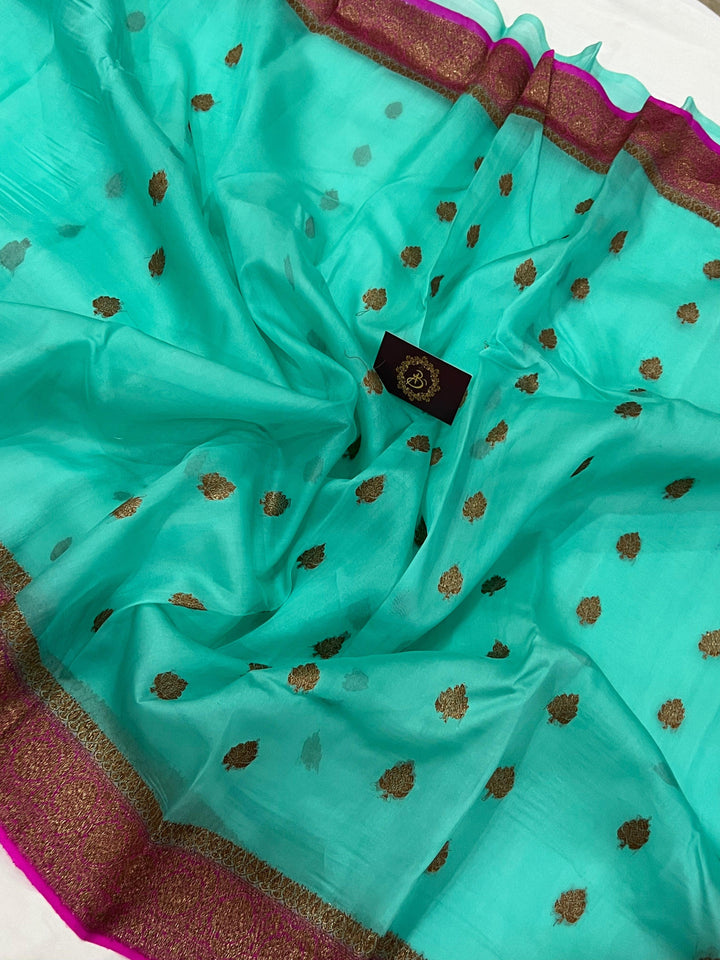 Sea Green Banarasi Handloom Kora Silk Saree - Aura Benaras
