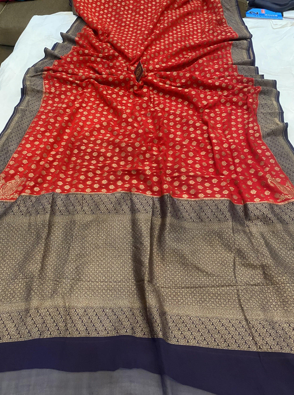 Red Banarasi Khaddi Georgette Saree - Aura Benaras