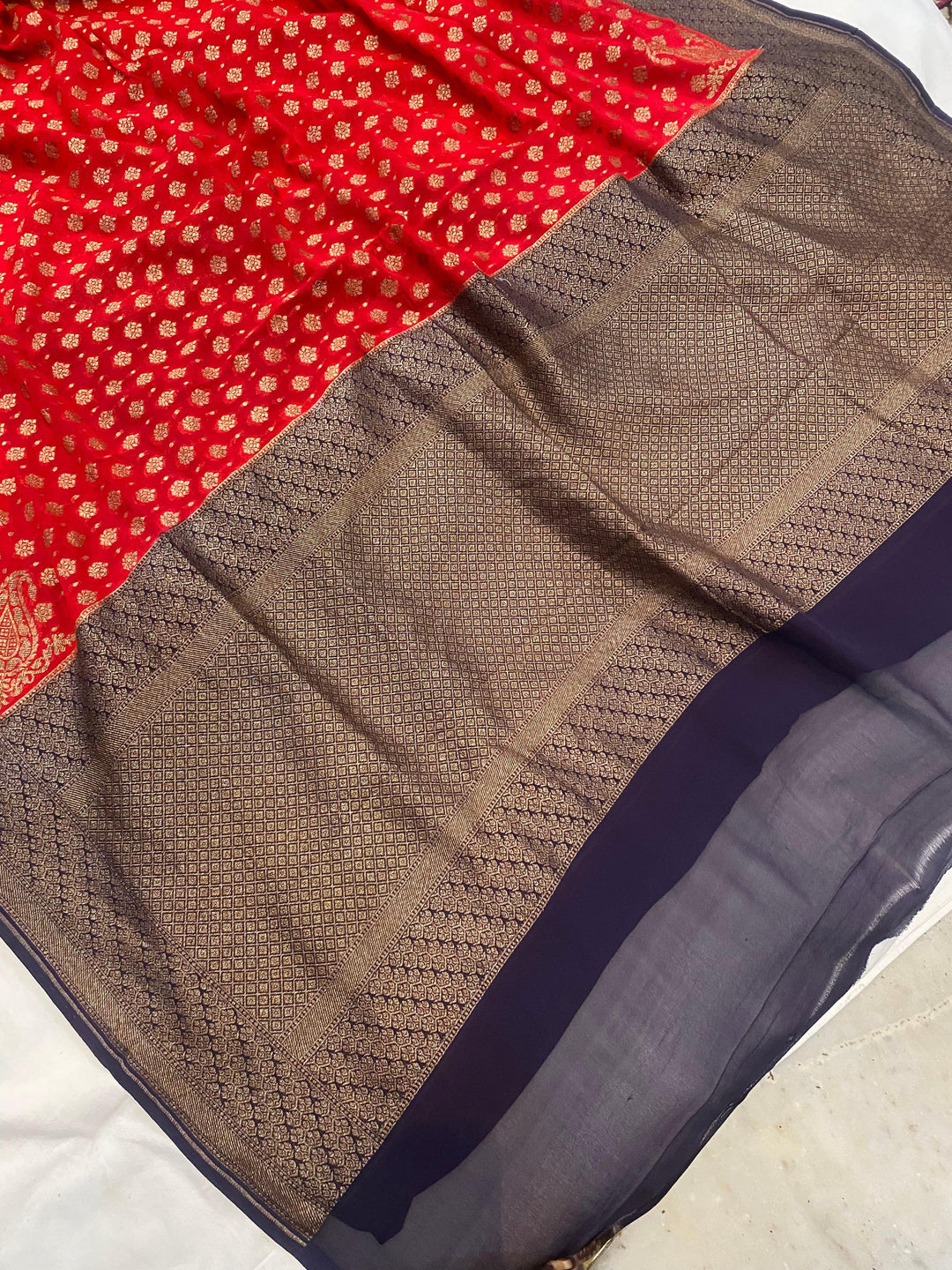 Red Banarasi Khaddi Georgette Saree - Aura Benaras