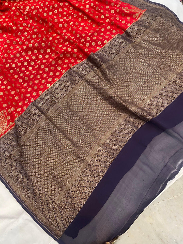 Red Banarasi Khaddi Georgette Saree - Aura Benaras
