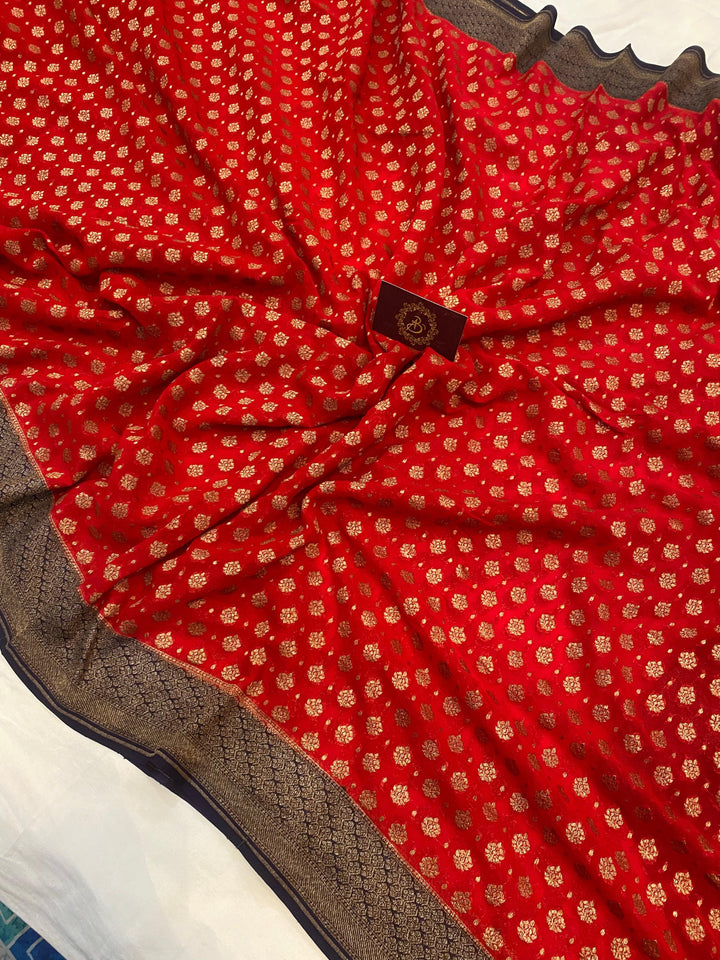 Red Banarasi Khaddi Georgette Saree - Aura Benaras