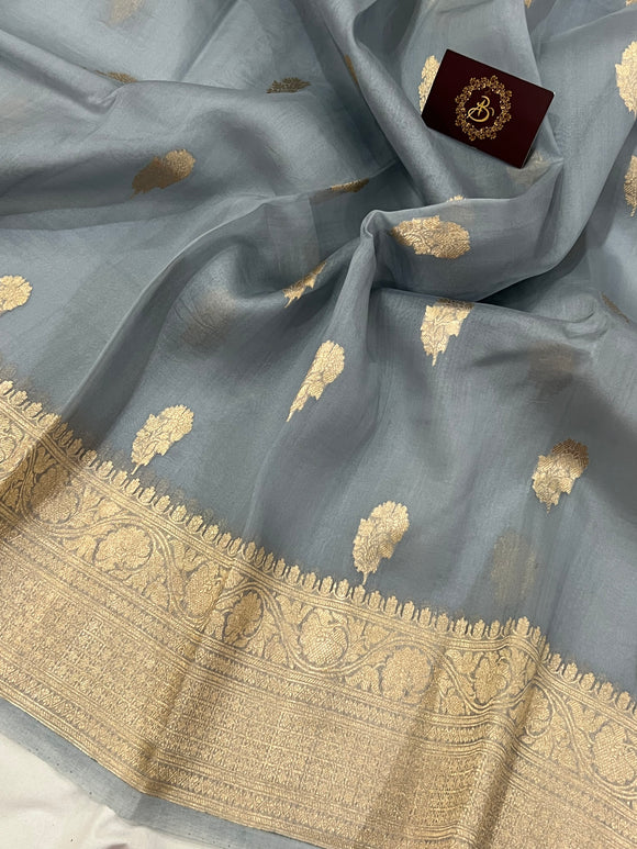 Pani Blue Banarasi Handloom Kora Silk Saree - Aura Benaras