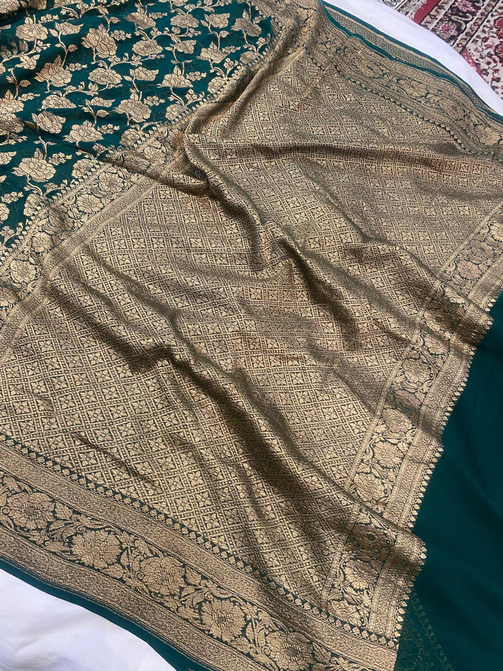 Rama Green Banarasi Khaddi Georgette Saree - Aura Benaras