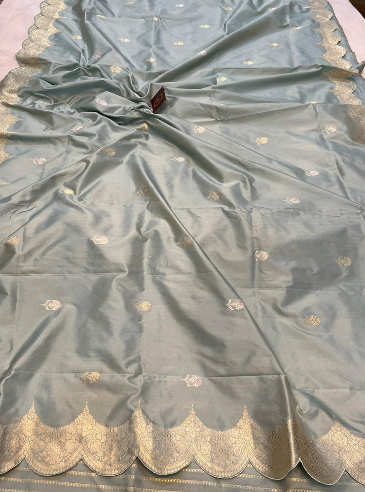 Grey Banarasi Handloom Katan Silk Saree - Aura Benaras