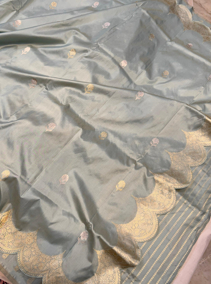Grey Banarasi Handloom Katan Silk Saree - Aura Benaras