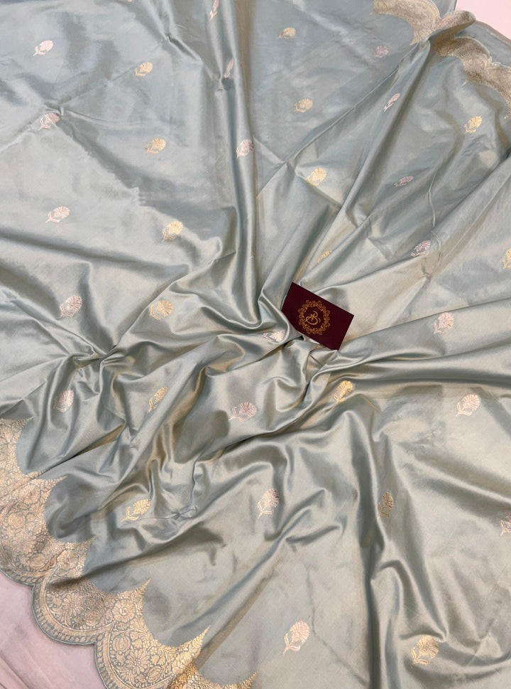 Grey Banarasi Handloom Katan Silk Saree - Aura Benaras