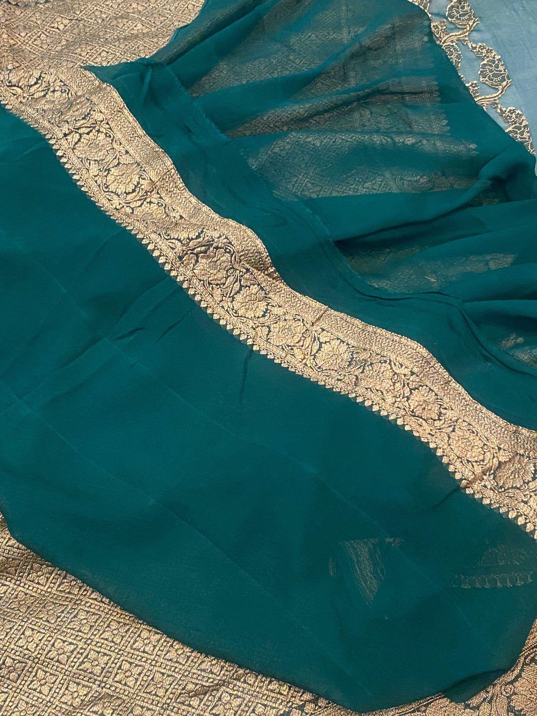 Bottle Green Pure Banarasi Khaddi Georgette Saree