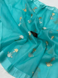 Firozi Blue Banarasi Handloom Kora Silk Saree - Aura Benaras