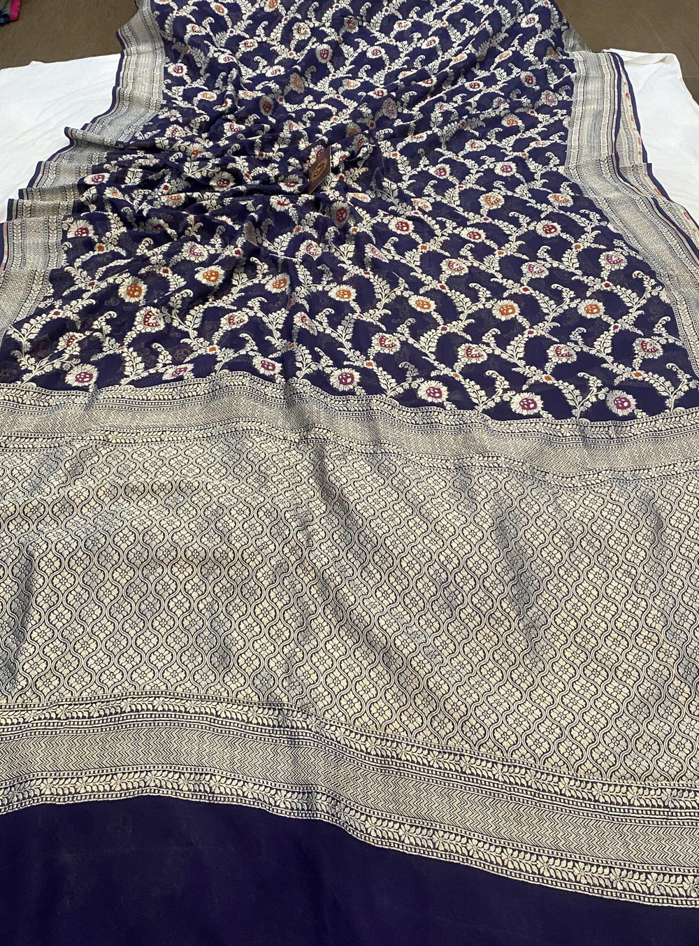 Navy Blue Banarasi Khaddi Georgette Saree - Aura Benaras