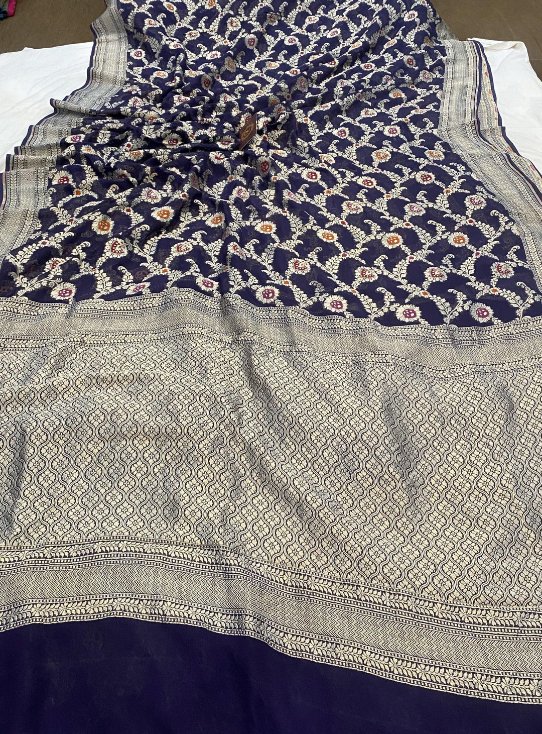 Navy Blue Banarasi Khaddi Georgette Saree - Aura Benaras