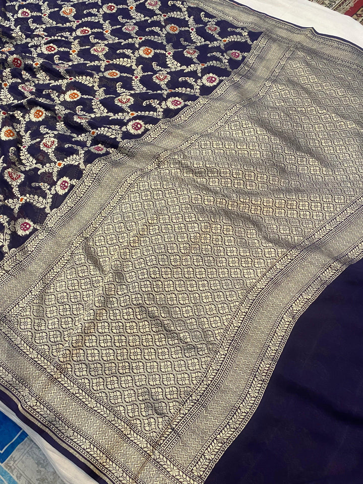 Navy Blue Banarasi Khaddi Georgette Saree - Aura Benaras