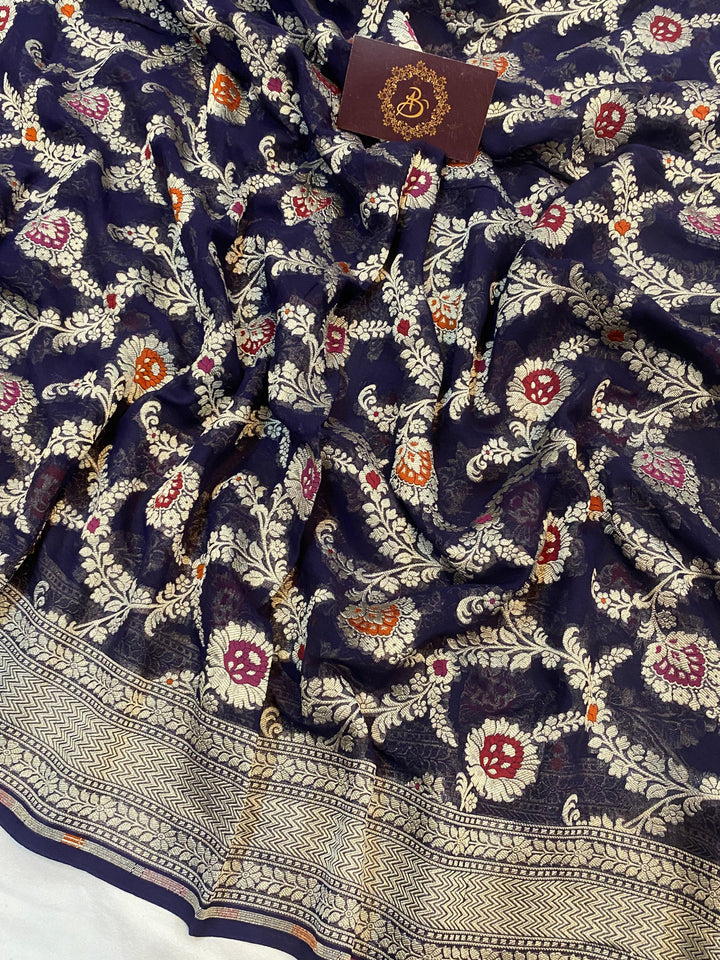 Navy Blue Banarasi Khaddi Georgette Saree - Aura Benaras