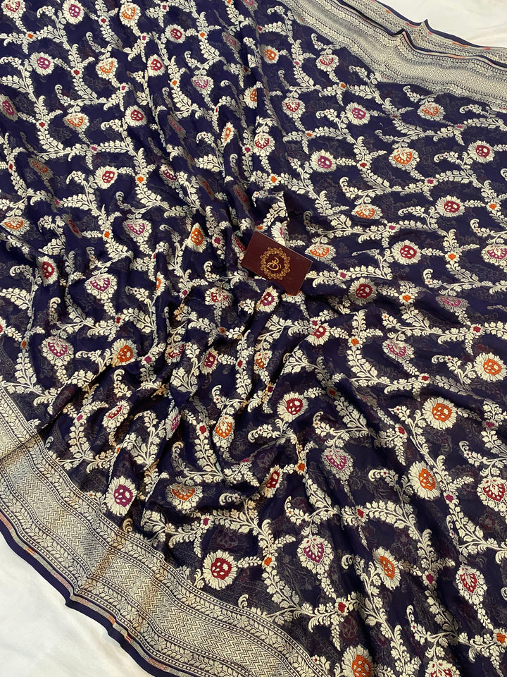 Navy Blue Banarasi Khaddi Georgette Saree - Aura Benaras