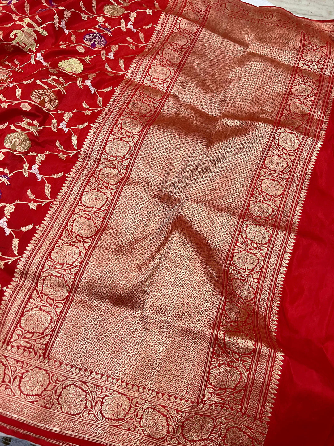 Red Jaal Pure Banarasi Handloom Katan Silk Saree - Aura Benaras