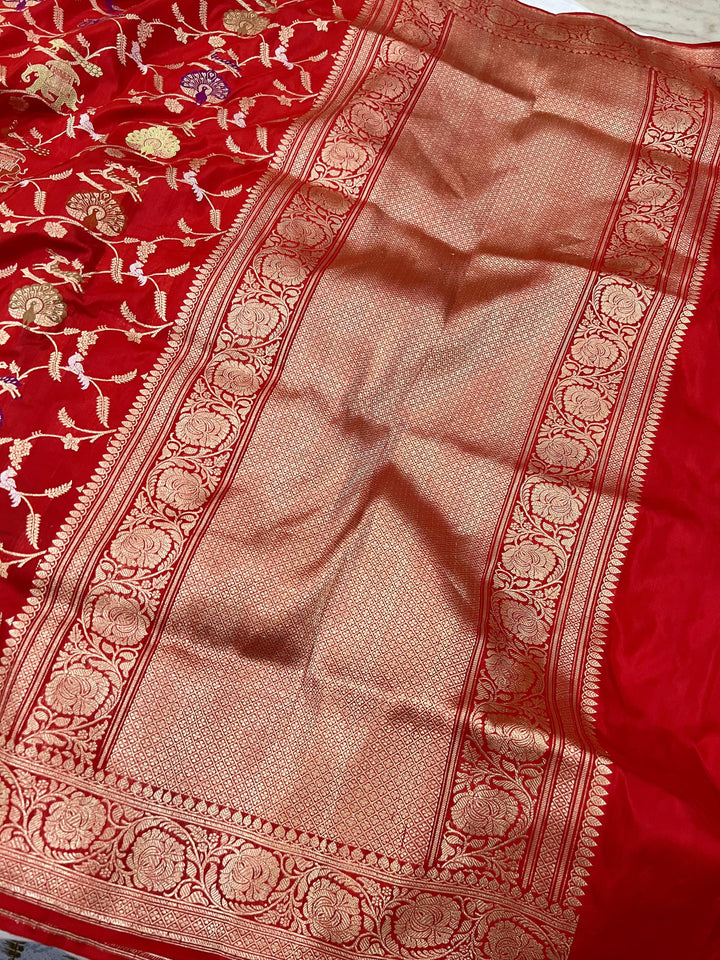 Red Jaal Pure Banarasi Handloom Katan Silk Saree - Aura Benaras