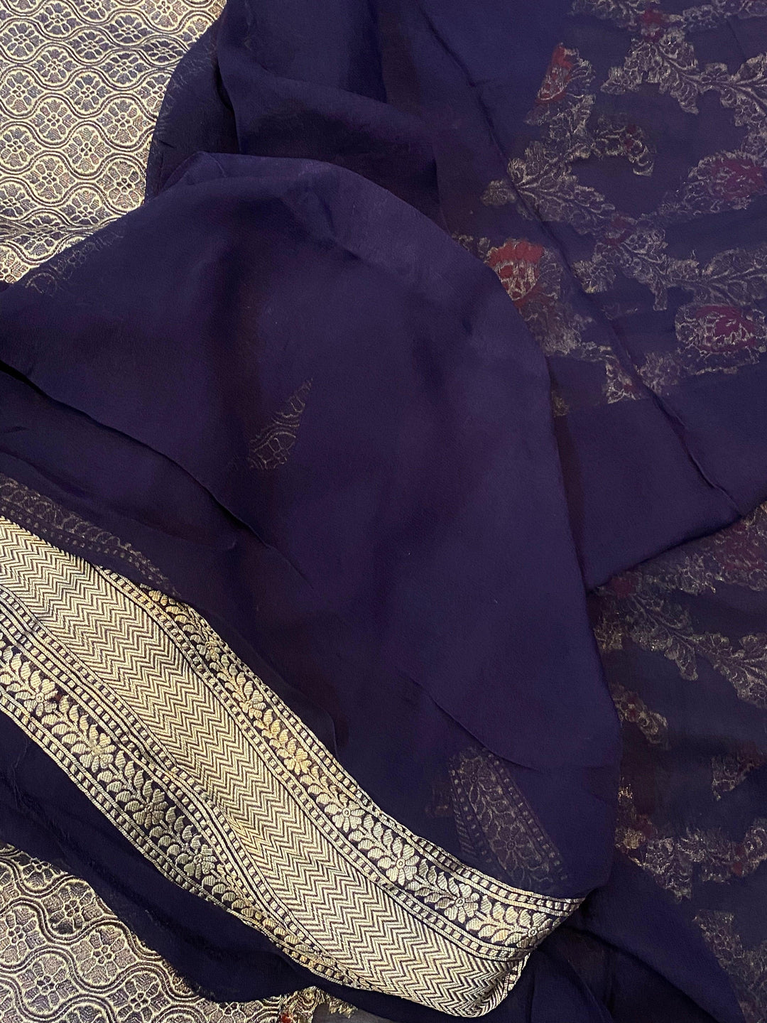 Navy Blue Banarasi Khaddi Georgette Saree - Aura Benaras