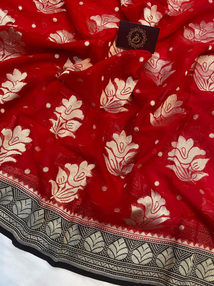 Red Banarasi Khaddi Georgette Saree - Aura Benaras