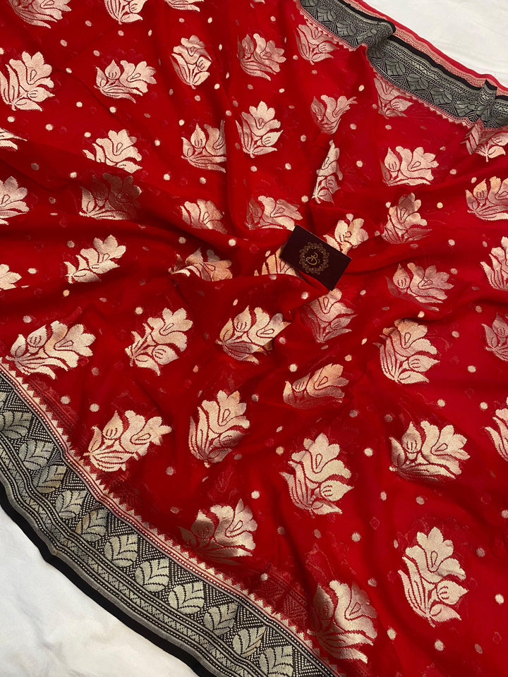 Red Banarasi Khaddi Georgette Saree - Aura Benaras