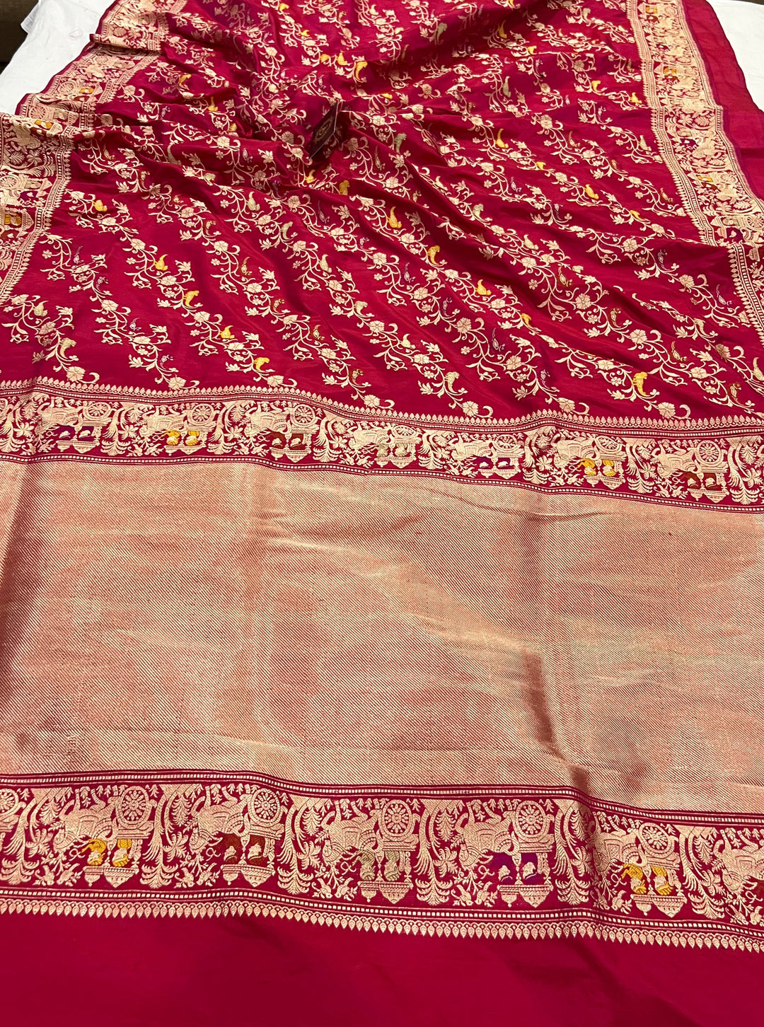 Rani Pink Jaal Pure Banarasi Handlloom Katan Silk Saree - Aura Benaras