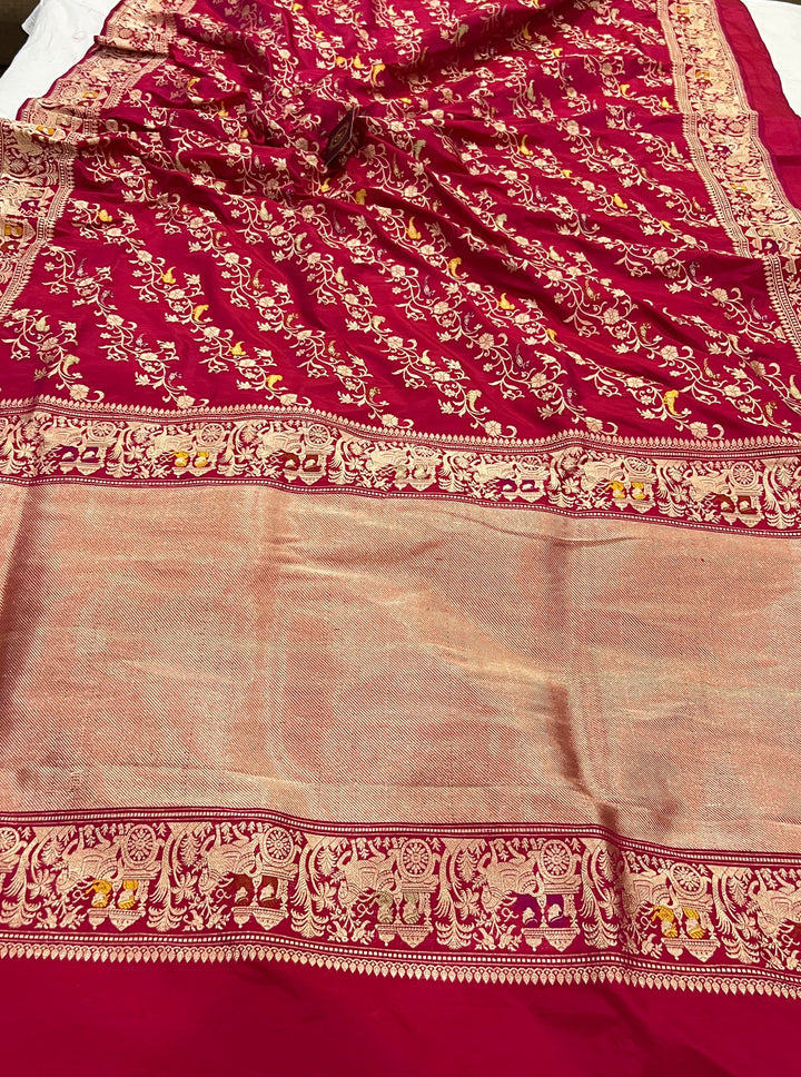 Rani Pink Jaal Pure Banarasi Handlloom Katan Silk Saree - Aura Benaras