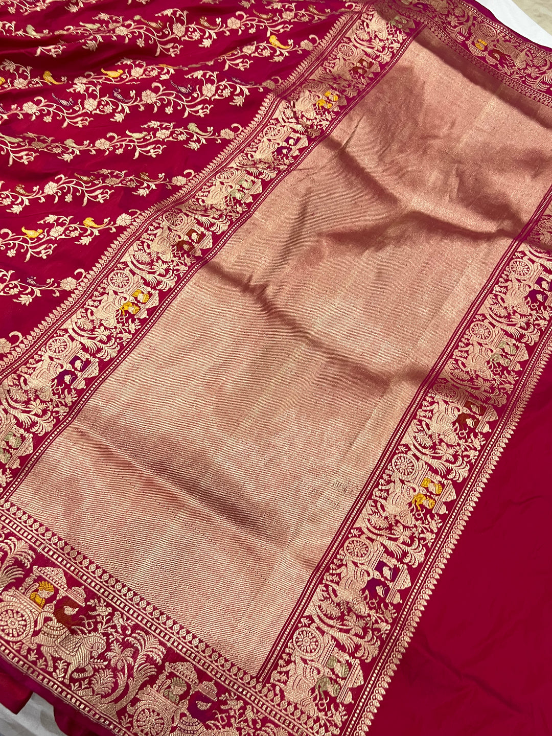 Rani Pink Jaal Pure Banarasi Handlloom Katan Silk Saree - Aura Benaras