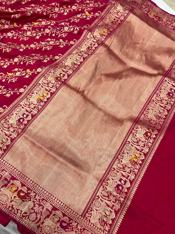 Rani Pink Jaal Pure Banarasi Handlloom Katan Silk Saree - Aura Benaras