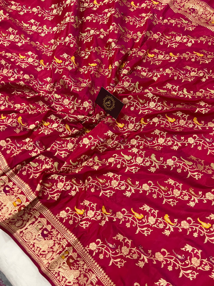 Rani Pink Jaal Pure Banarasi Handlloom Katan Silk Saree - Aura Benaras