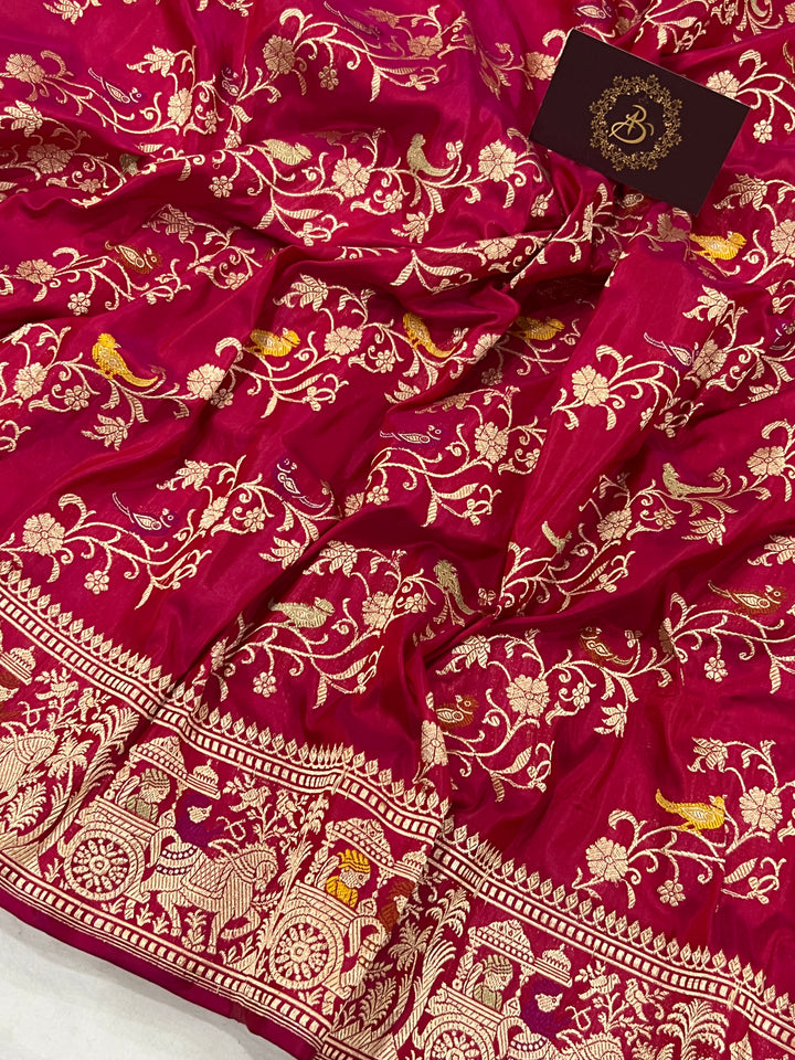 Rani Pink Jaal Pure Banarasi Handlloom Katan Silk Saree - Aura Benaras