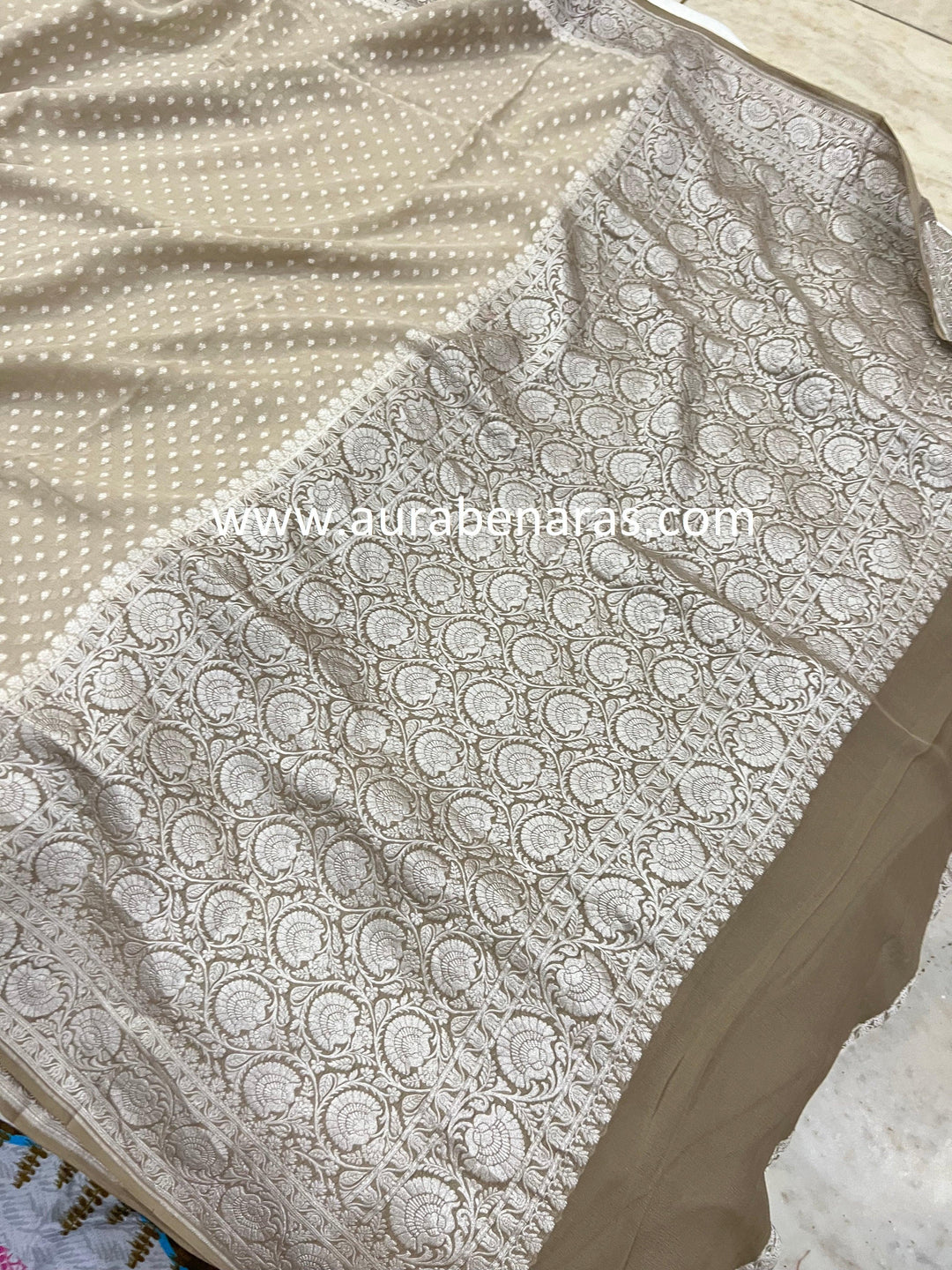 Grey Banarasi Handloom Pure Khaddi Georgette Saree - Aura Benaras