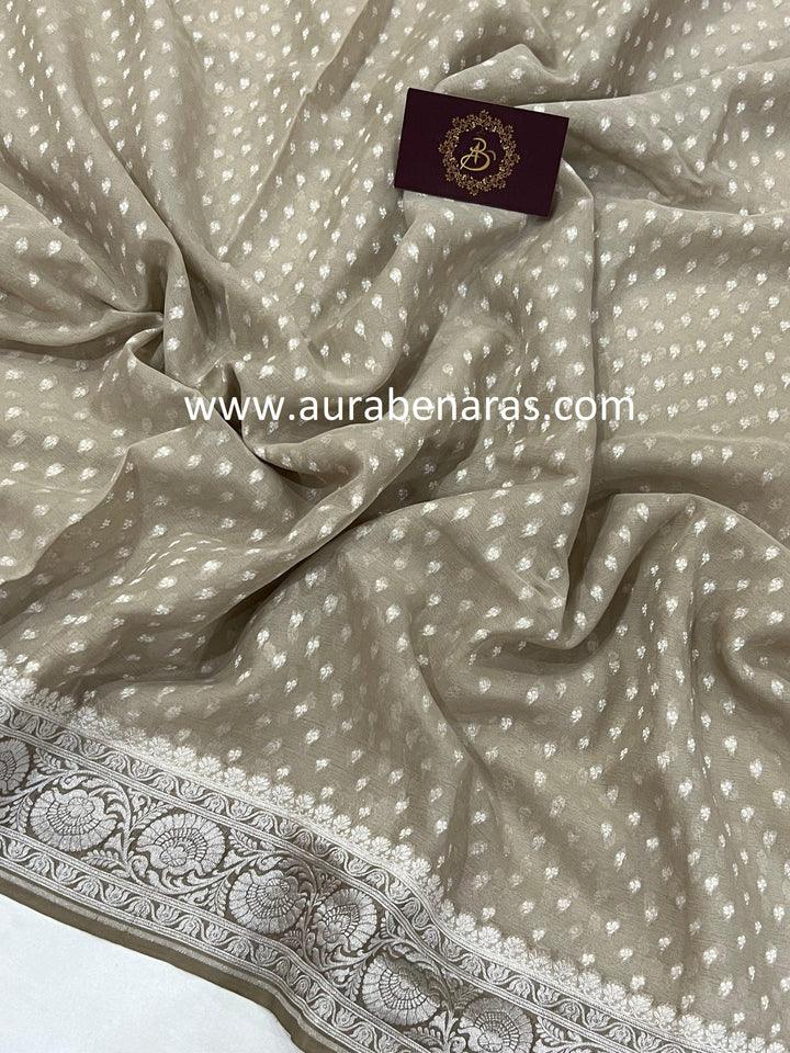 Grey Banarasi Handloom Pure Khaddi Georgette Saree - Aura Benaras