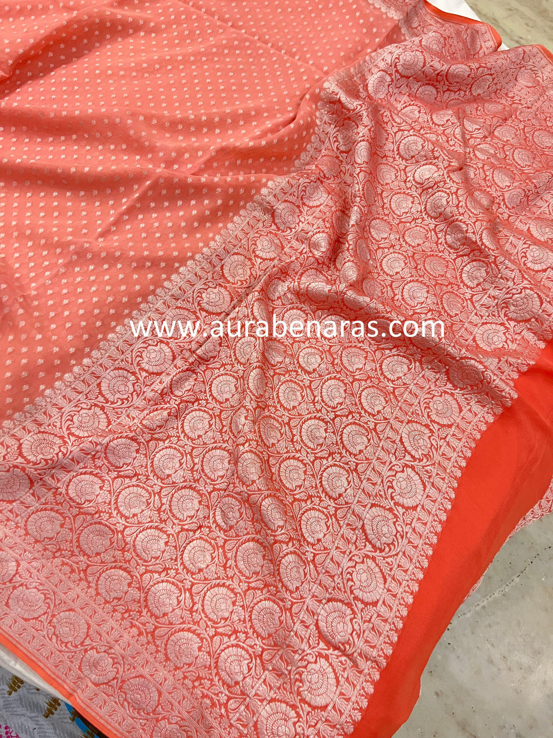 Peach Banarasi Handloom Pure Khaddi Georgette Saree - Aura Benaras