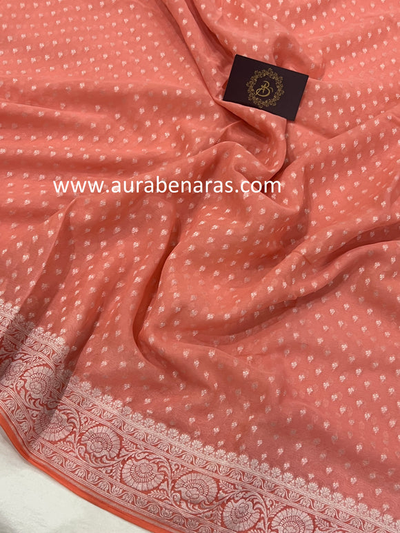 Peach Banarasi Handloom Pure Khaddi Georgette Saree - Aura Benaras