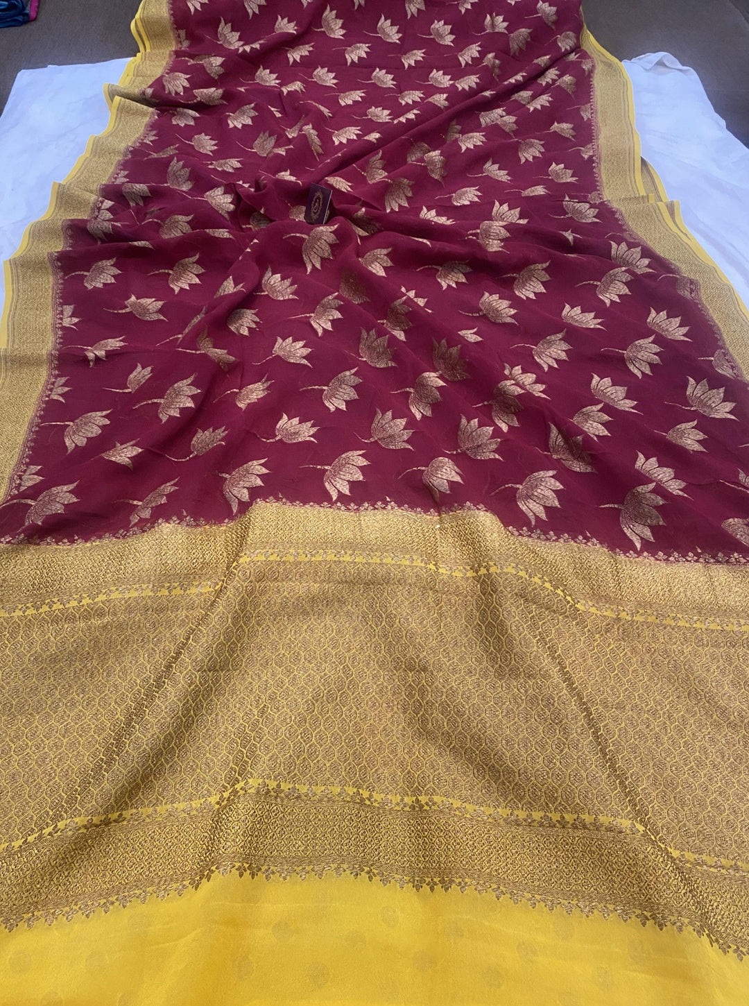 Maroon Banarasi Handloom Pure Khaddi Georgette Silk Saree- Aura Benaras