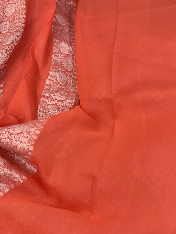Peach Banarasi Handloom Pure Khaddi Georgette Saree - Aura Benaras